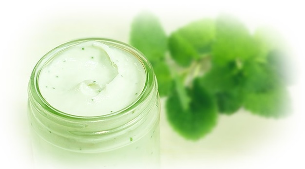 cosmetic cream in glass jar with lemon balm leaves in background. 